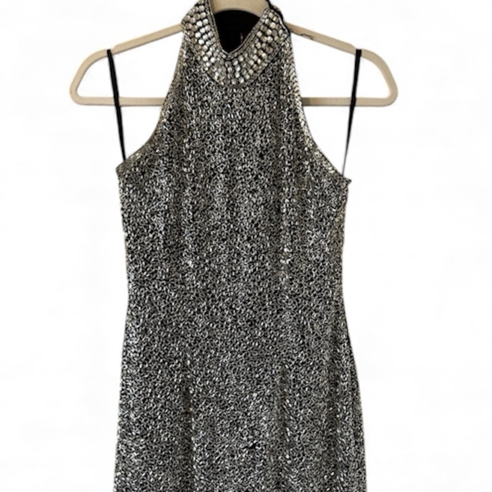 Lillie Rubin Vintage Beaded Sequin Halter Mini Dress Silk Evening Black Silver 4